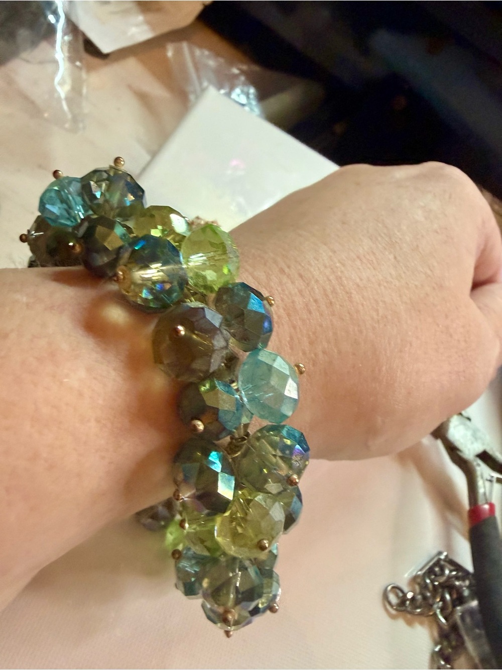 Handmade Green and Blue Faceted Bead Bracelet Large Size
